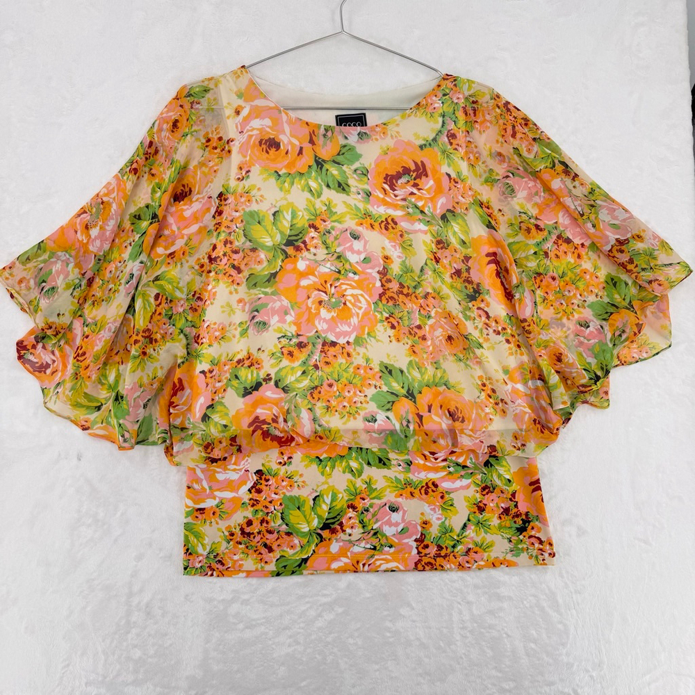 Floral Blouse Flowy Fairy Boho Flutter Sleeves Coco Blanco Women's Size Medium